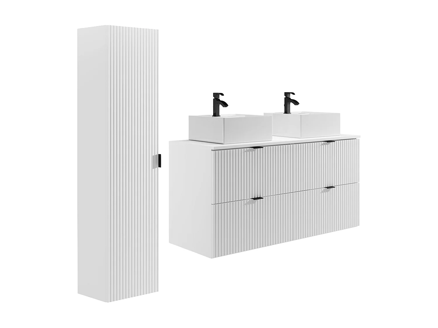 Meuble de salle de bain suspendu strié avec vasque à poser carrée et colonne - Blanc  mat - 120 cm - ZEVINI