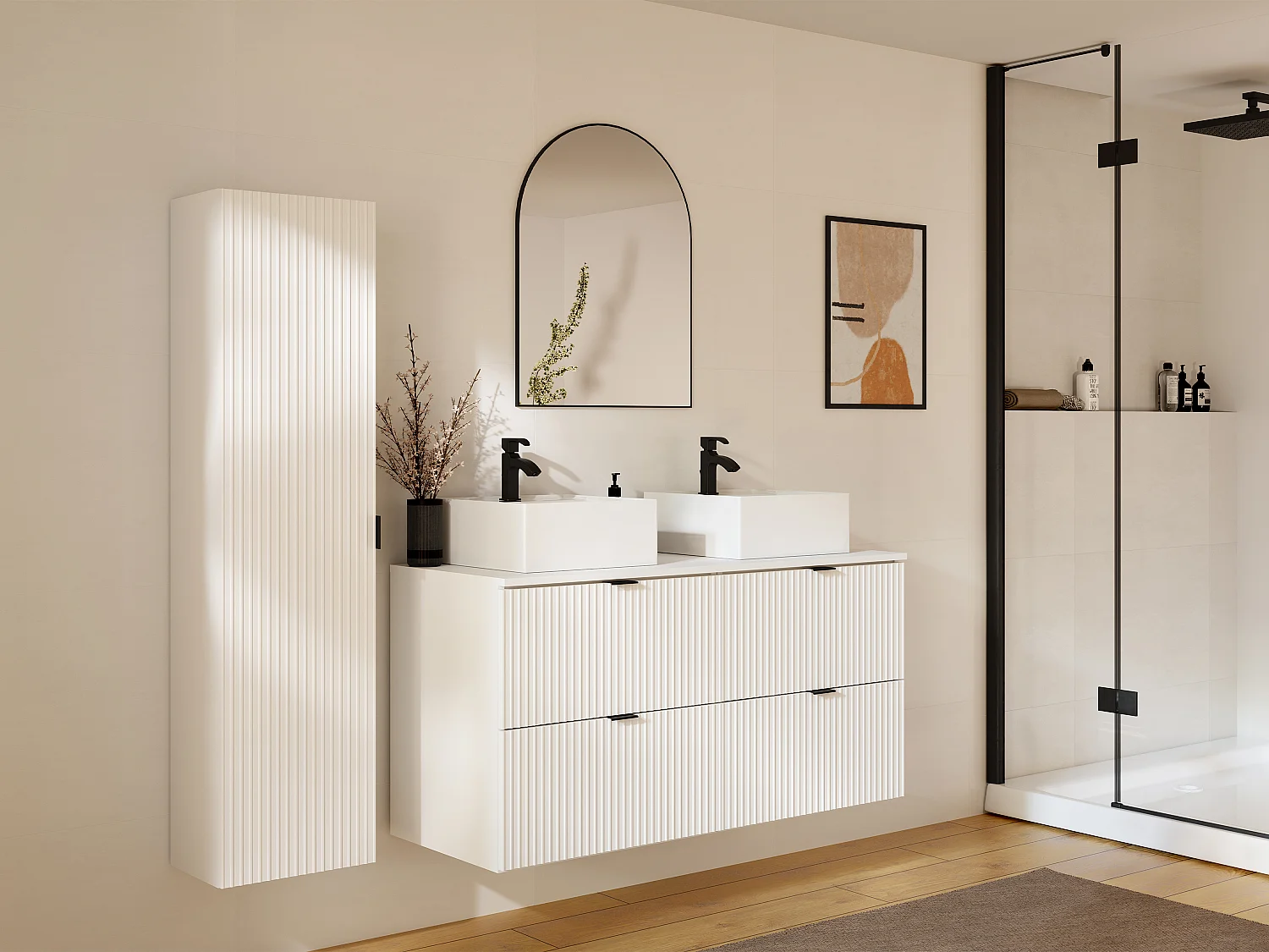 Meuble de salle de bain suspendu strié avec vasque à poser carrée et colonne - Blanc  mat - 120 cm - ZEVINI