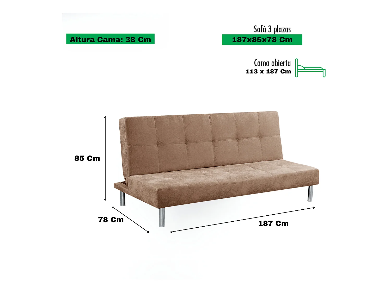 Meyvaser Sofá Cama de 2 Plazas - 187 x 85 x 78 cm - Apertura Clic-Clac - Máximo Relax, Confort y Resistencia