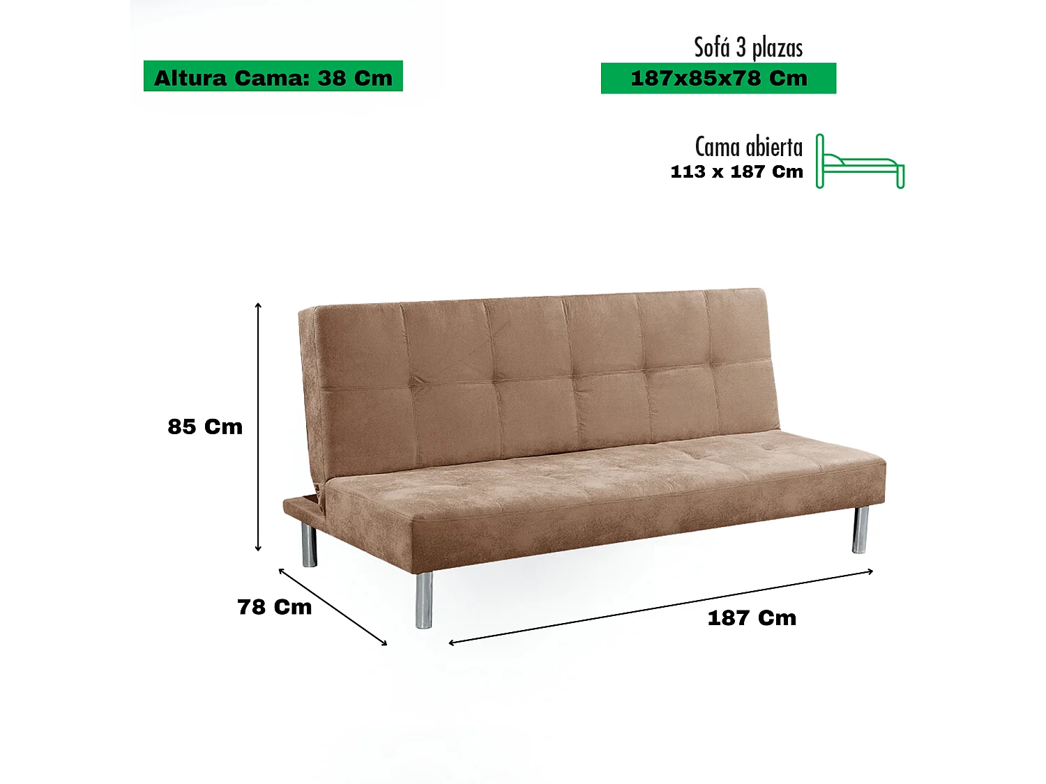 Meyvaser Sofá Cama de 2 Plazas - 187 x 85 x 78 cm - Apertura Clic-Clac - Máximo Relax, Confort y Resistencia