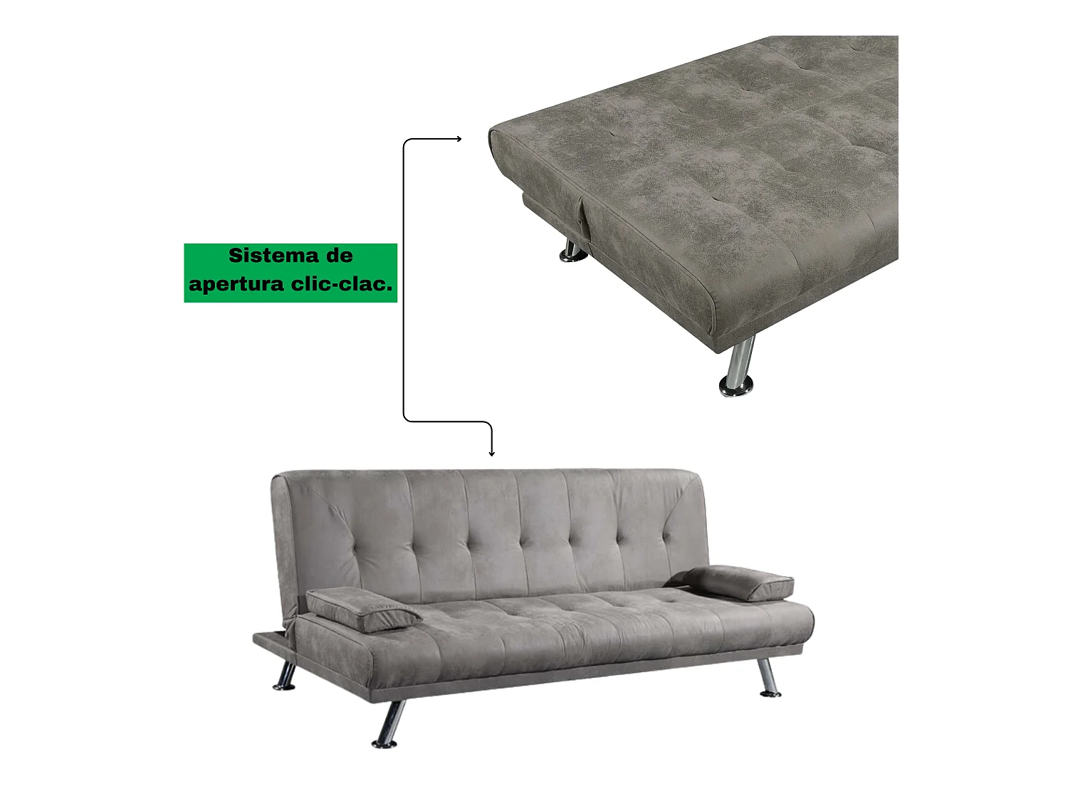 Sofá Cama 3 Plazas de Diseño Moderno con Cojines Decorativos, Estructura de Madera, Color Gris Cemento, 188x88x88 cm