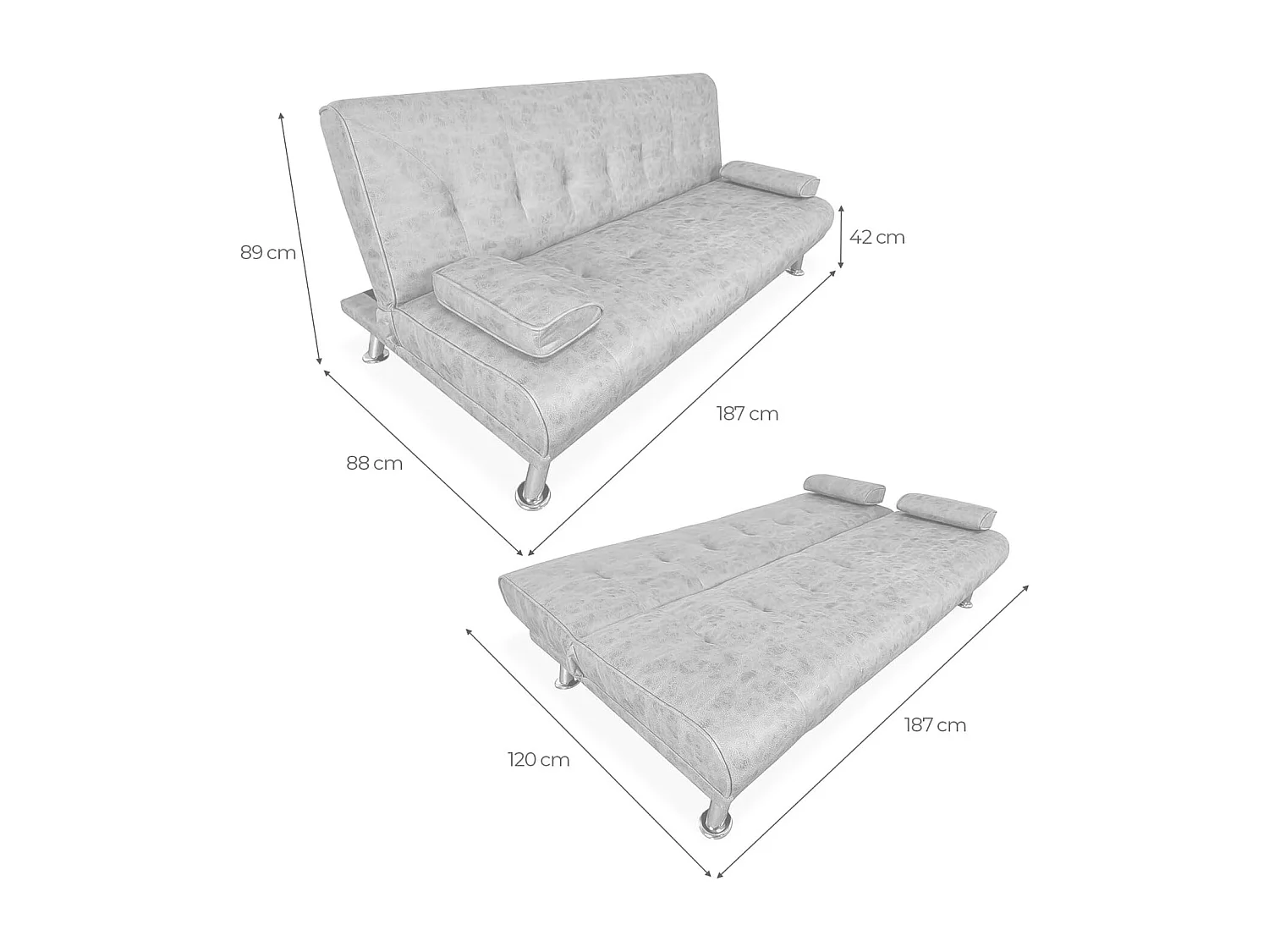 Sofá Cama 3 Plazas de Diseño Moderno con Cojines Decorativos, Estructura de Madera, Color Gris Cemento, 188x88x88 cm