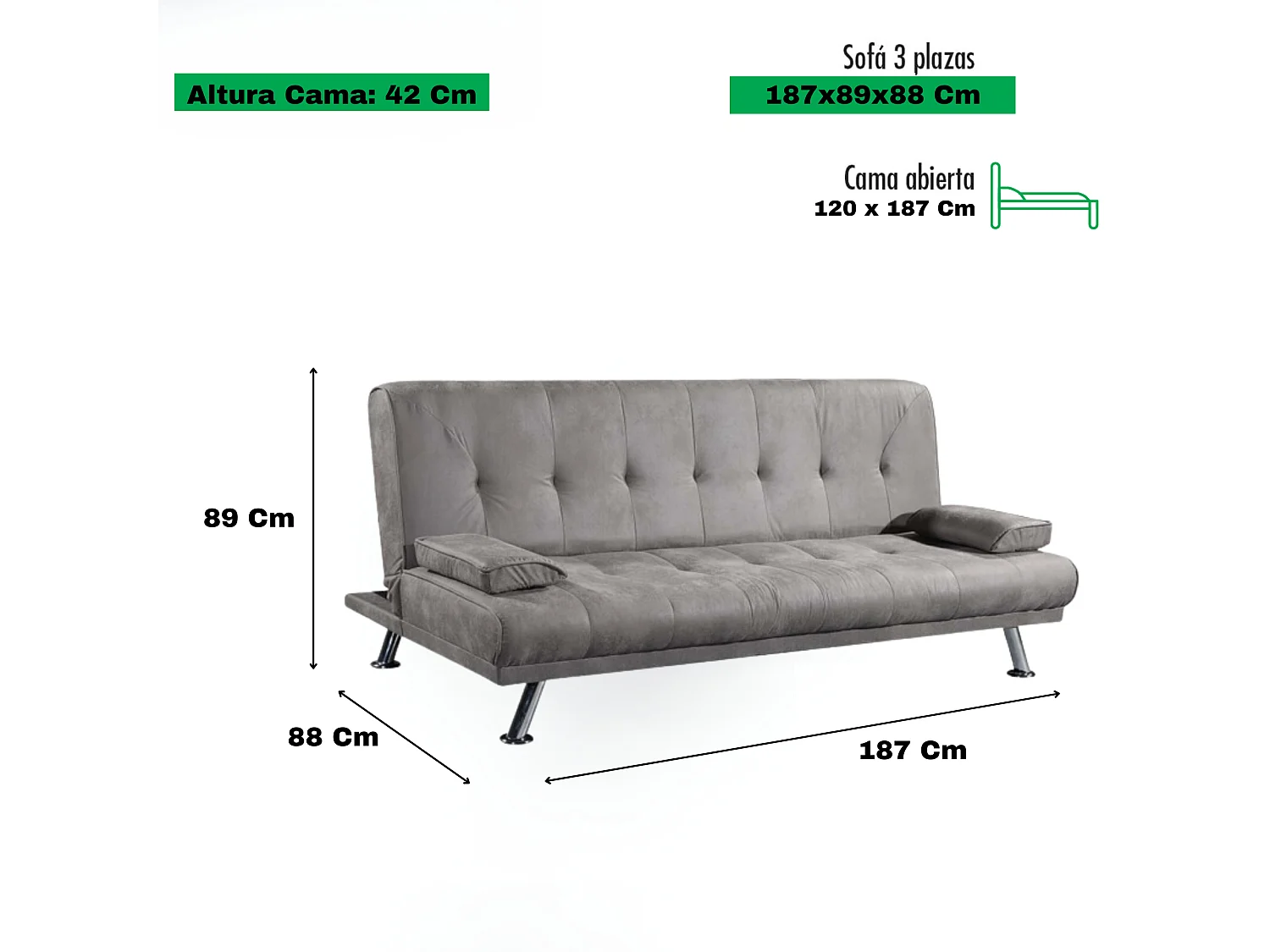 Sofá Cama 3 Plazas de Diseño Moderno con Cojines Decorativos, Estructura de Madera, Color Gris Cemento, 188x88x88 cm