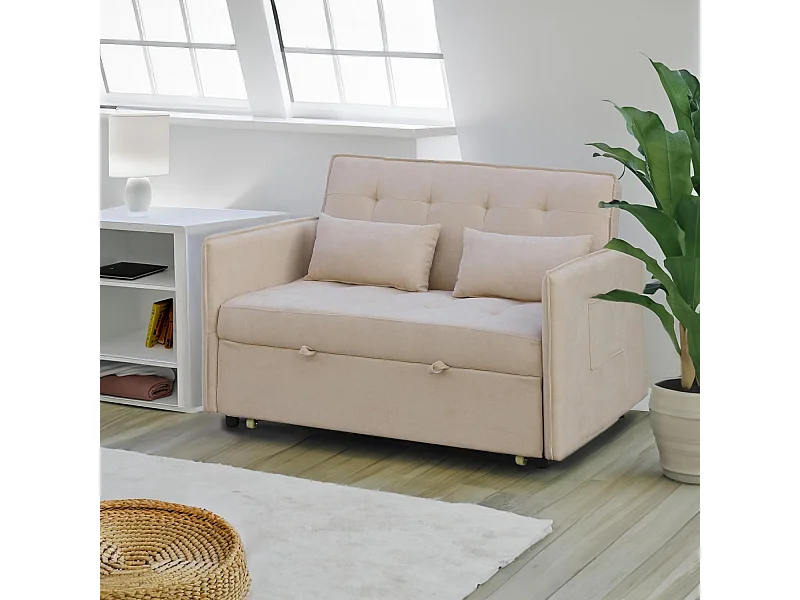 Sofá Cama 3 Posiciones con Sistema Clic-Clac – Convertible en Cama, Tapizado Beige, Estructura de Madera y Cojines Incluidos – 135x87x96 cm