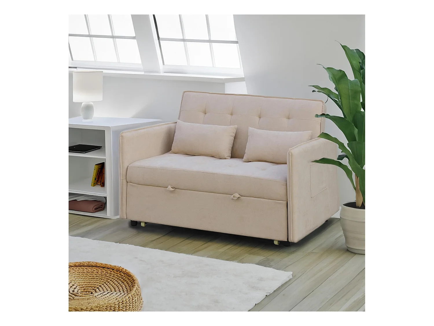 Sofá Cama 3 Posiciones con Sistema Clic-Clac – Convertible en Cama, Tapizado Beige, Estructura de Madera y Cojines Incluidos – 135x87x96 cm