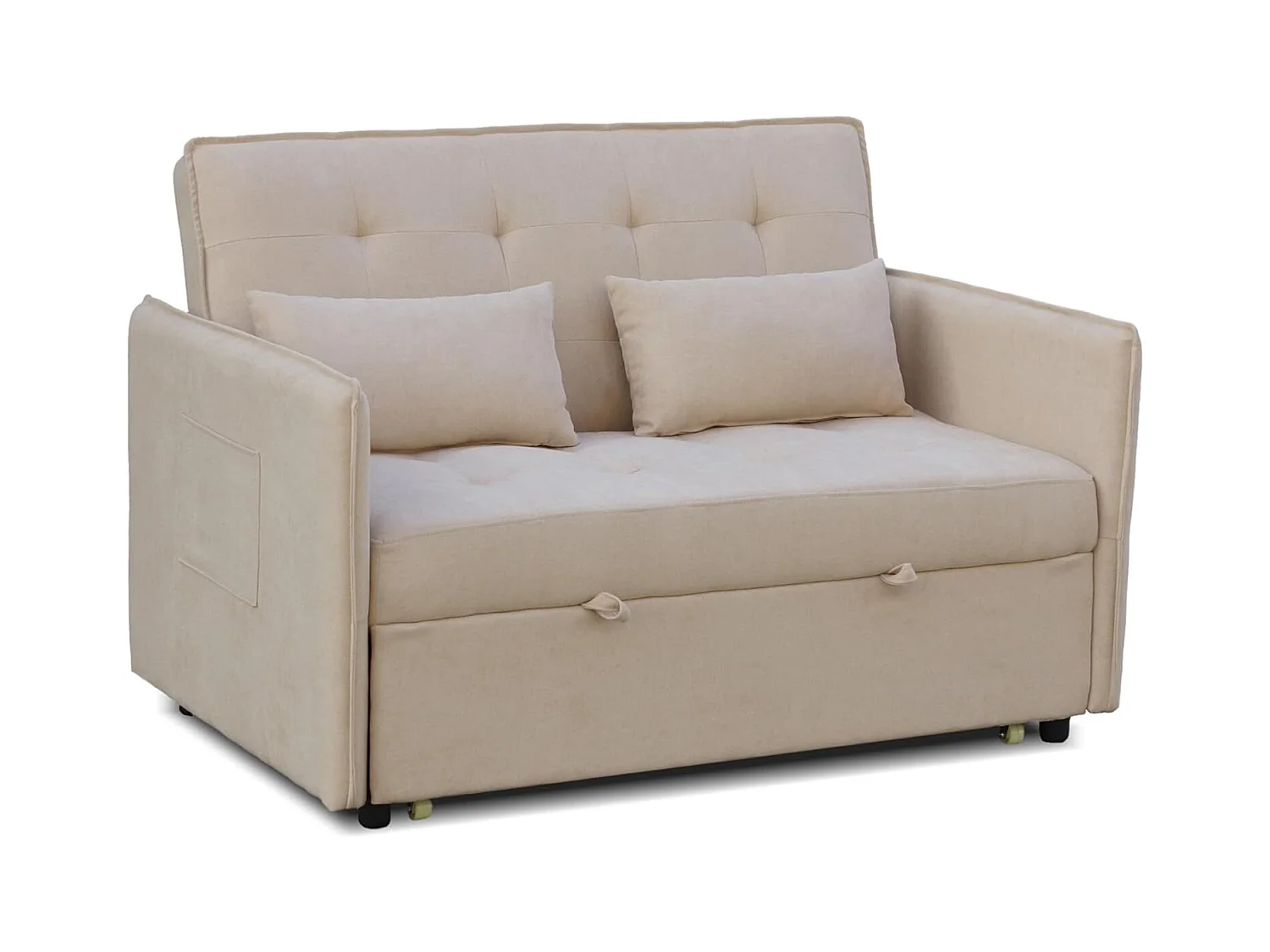 Sofá Cama 3 Posiciones con Sistema Clic-Clac – Convertible en Cama, Tapizado Beige, Estructura de Madera y Cojines Incluidos – 135x87x96 cm