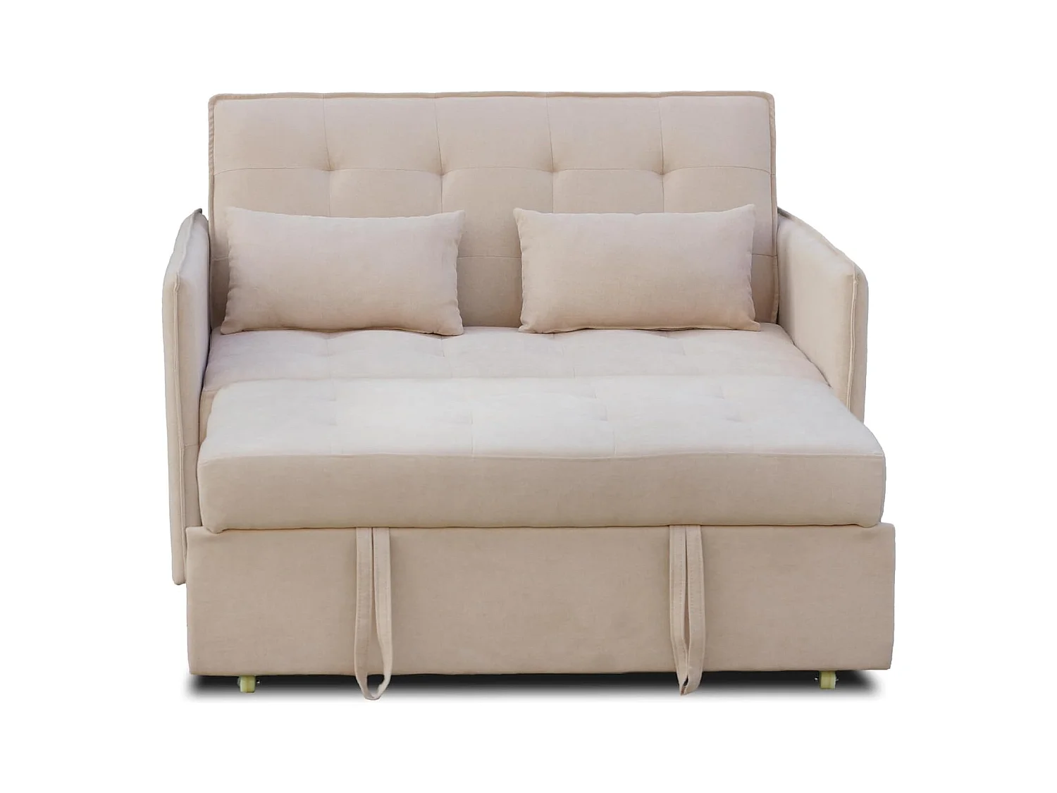 Sofá Cama 3 Posiciones con Sistema Clic-Clac – Convertible en Cama, Tapizado Beige, Estructura de Madera y Cojines Incluidos – 135x87x96 cm