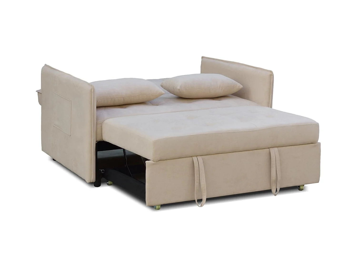 Sofá Cama 3 Posiciones con Sistema Clic-Clac – Convertible en Cama, Tapizado Beige, Estructura de Madera y Cojines Incluidos – 135x87x96 cm