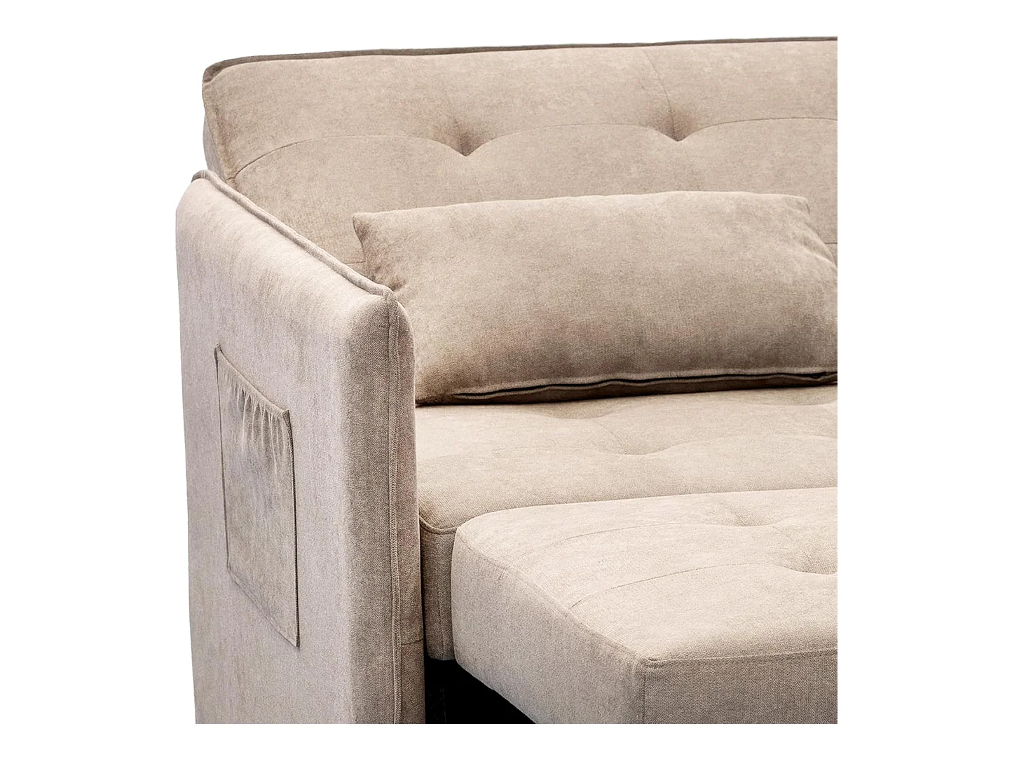 Sofá Cama 3 Posiciones con Sistema Clic-Clac – Convertible en Cama, Tapizado Beige, Estructura de Madera y Cojines Incluidos – 135x87x96 cm