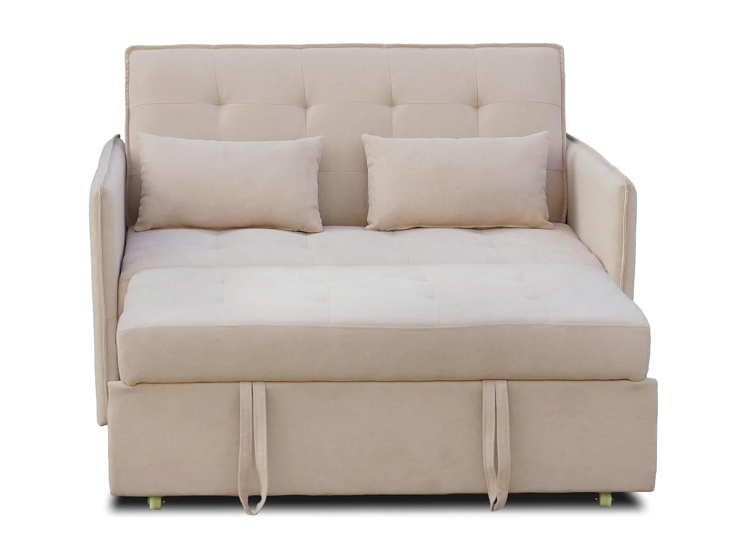 Sofá Cama 3 Posiciones con Sistema Clic-Clac – Convertible en Cama, Tapizado Beige, Estructura de Madera y Cojines Incluidos – 135x87x96 cm