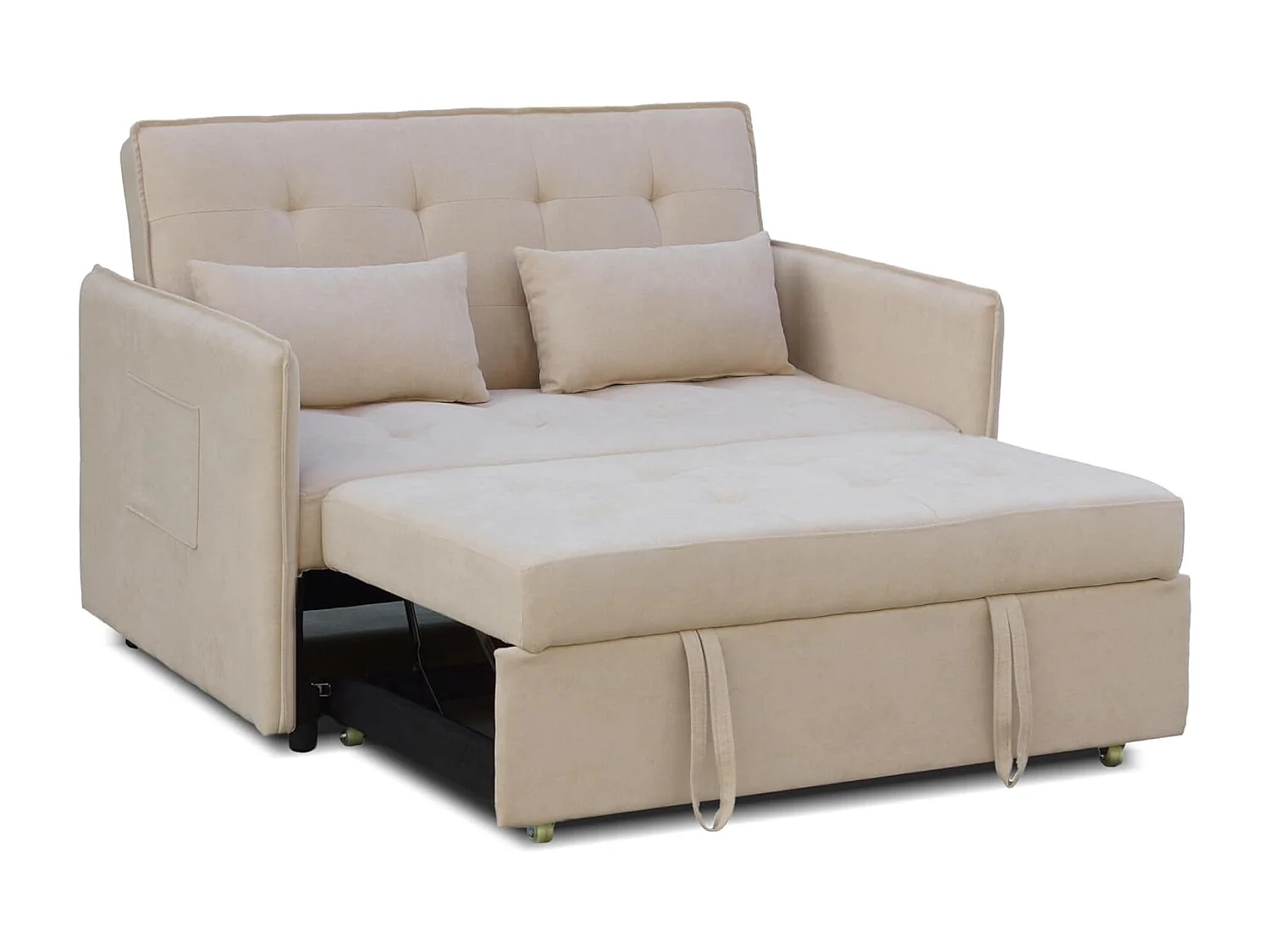 Sofá Cama 3 Posiciones con Sistema Clic-Clac – Convertible en Cama, Tapizado Beige, Estructura de Madera y Cojines Incluidos – 135x87x96 cm