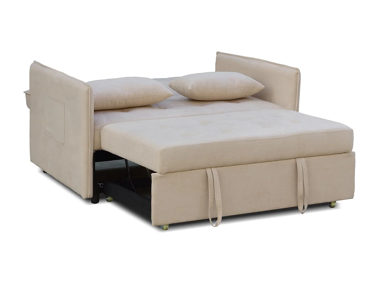 Sofá Cama 3 Posiciones con Sistema Clic-Clac – Convertible en Cama, Tapizado Beige, Estructura de Madera y Cojines Incluidos – 135x87x96 cm