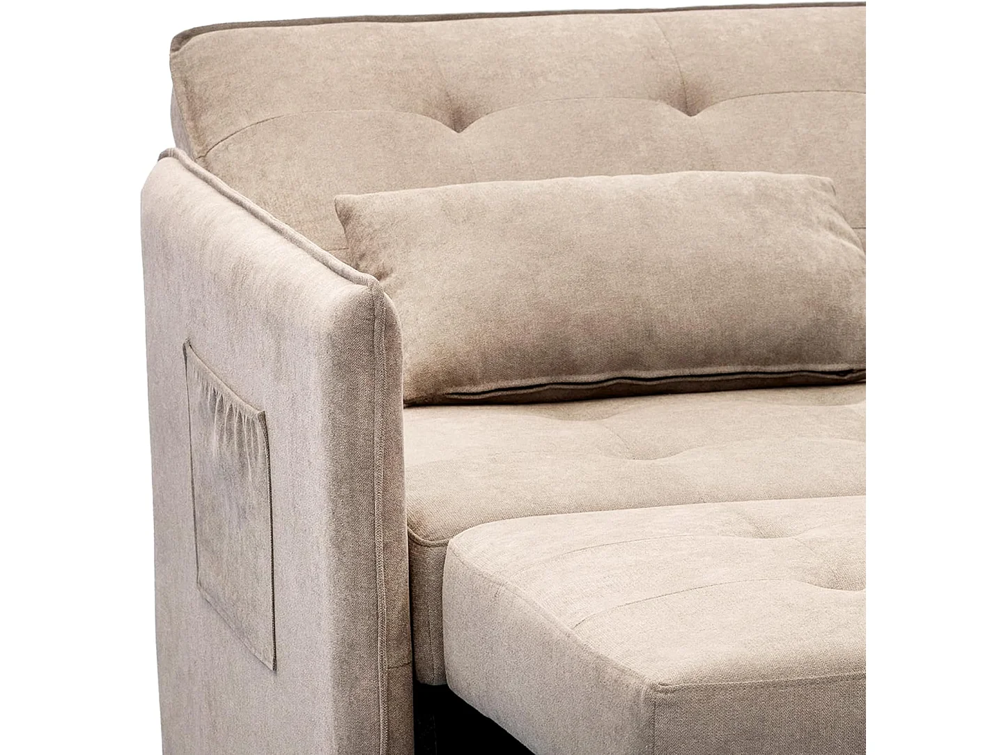 Sofá Cama 3 Posiciones con Sistema Clic-Clac – Convertible en Cama, Tapizado Beige, Estructura de Madera y Cojines Incluidos – 135x87x96 cm