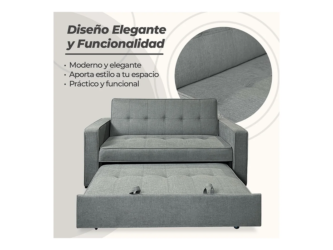 Sofá Cama de 2 Plazas con Reposabrazos – Convertible con Sistema de Arrastre, Tapizado Gris, Estilo Moderno y Funcional – 167x90x96,5 cm