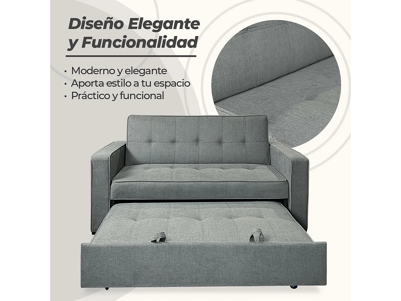 Sofá Cama de 2 Plazas con Reposabrazos – Convertible con Sistema de Arrastre, Tapizado Gris, Estilo Moderno y Funcional – 167x90x96,5 cm