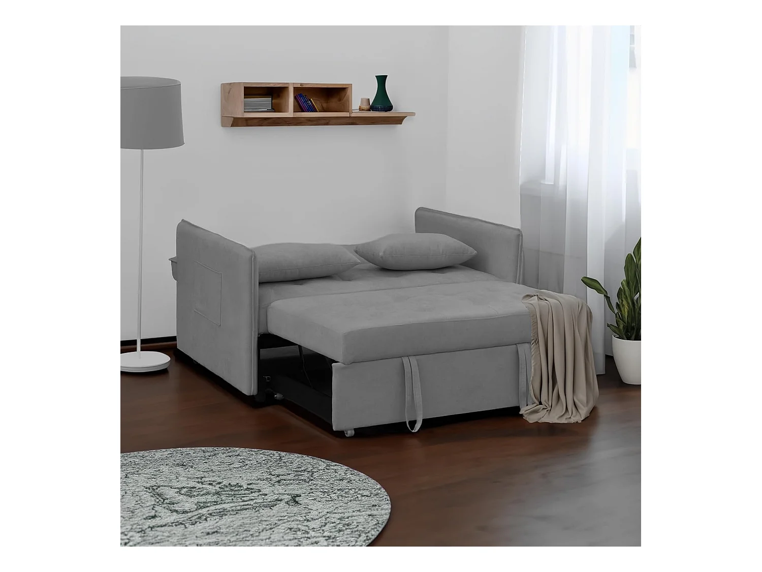 Sofá Cama 3 Posiciones con Sistema Clic-Clac – Convertible en Cama, Tapizado Gris, Estructura de Madera y Cojines Incluidos – 135x87x96 cm