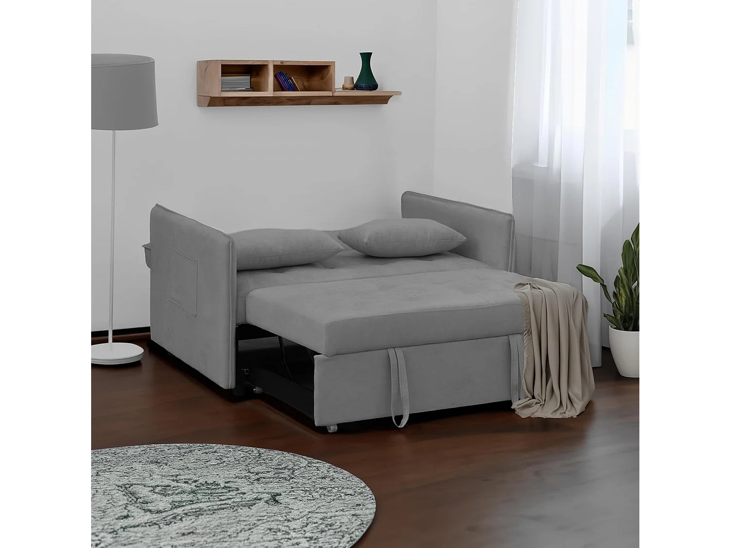 Sofá Cama 3 Posiciones con Sistema Clic-Clac – Convertible en Cama, Tapizado Gris, Estructura de Madera y Cojines Incluidos – 135x87x96 cm