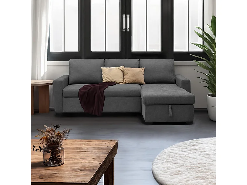 Sofá Cama 3 Plazas Reversible con Chaiselongue y Almacenaje, Tapizado en Tela Gris, 229x93x153 cm
