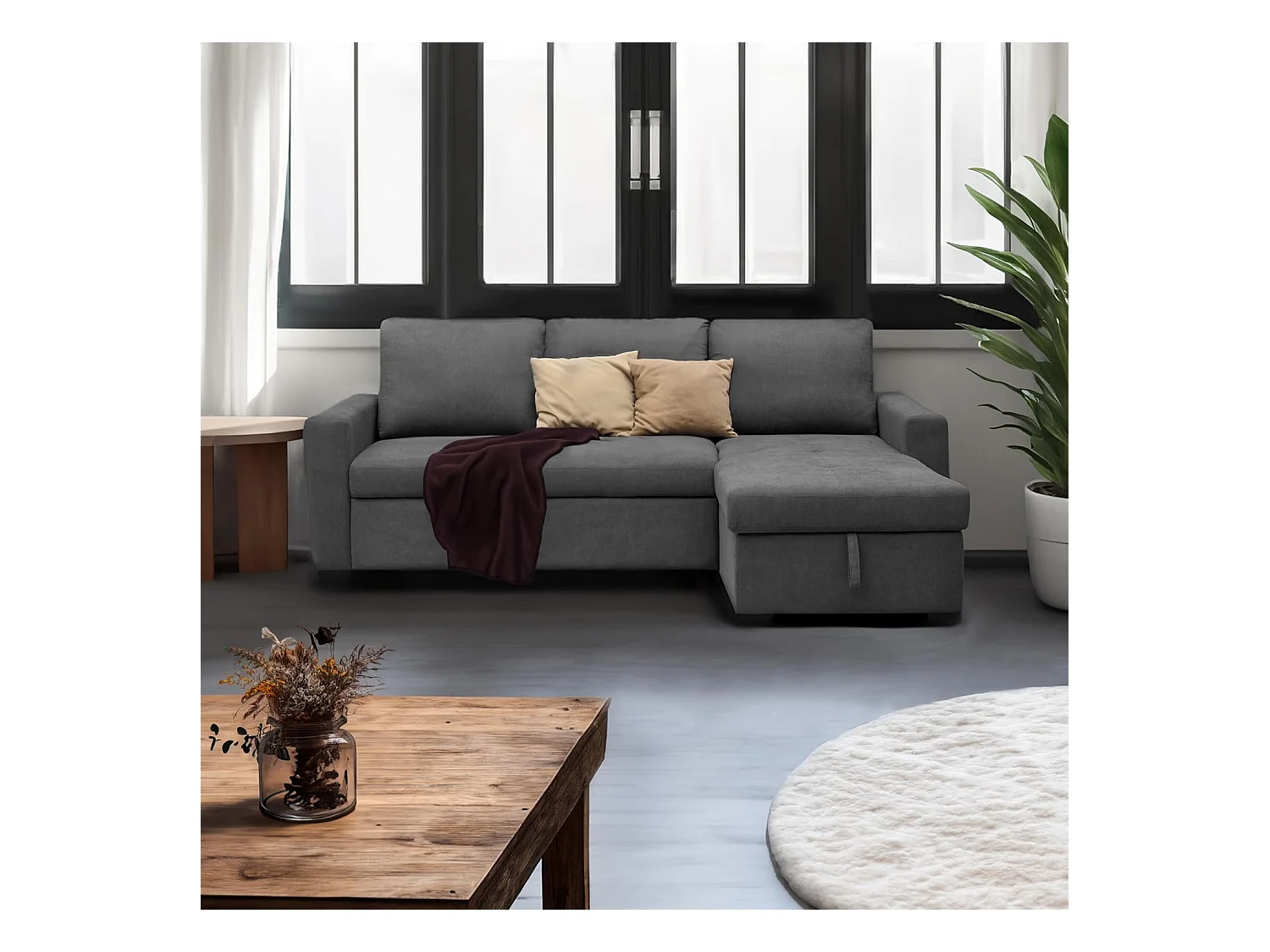 Sofá Cama 3 Plazas Reversible con Chaiselongue y Almacenaje, Tapizado en Tela Gris, 229x93x153 cm