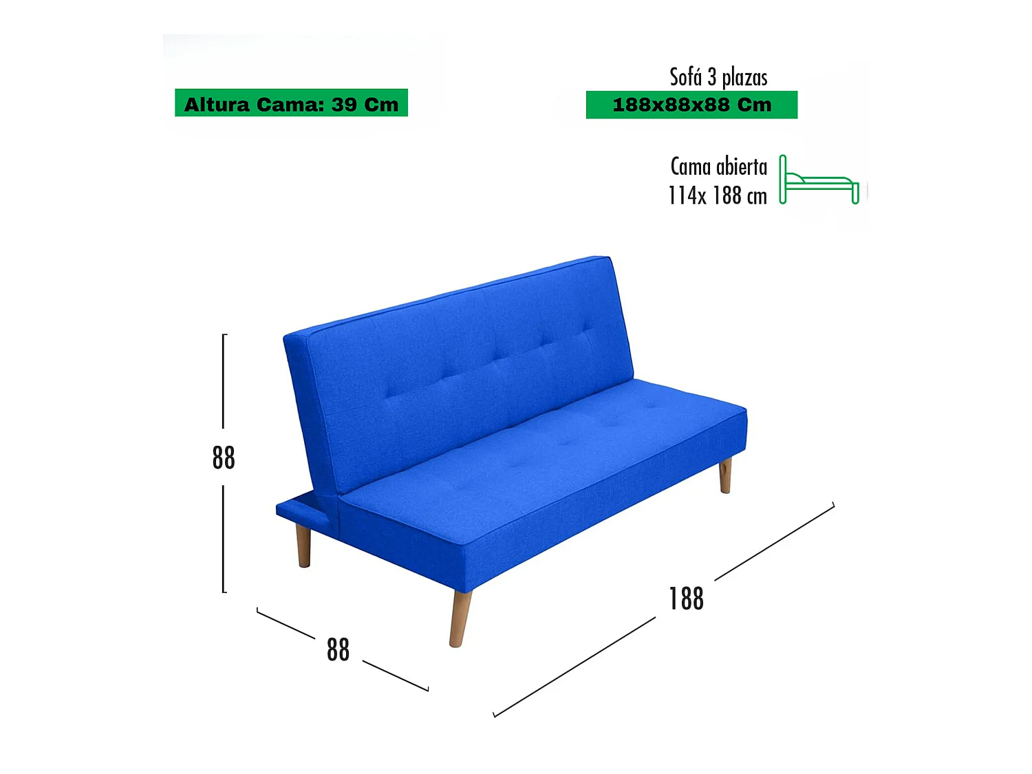 Meyvaser Sofá Cama de 2 Plazas - 188 x 88 x 88 cm - Apertura Clic-Clac - Máximo Relax, Confort y Resistencia Color gris-Azul