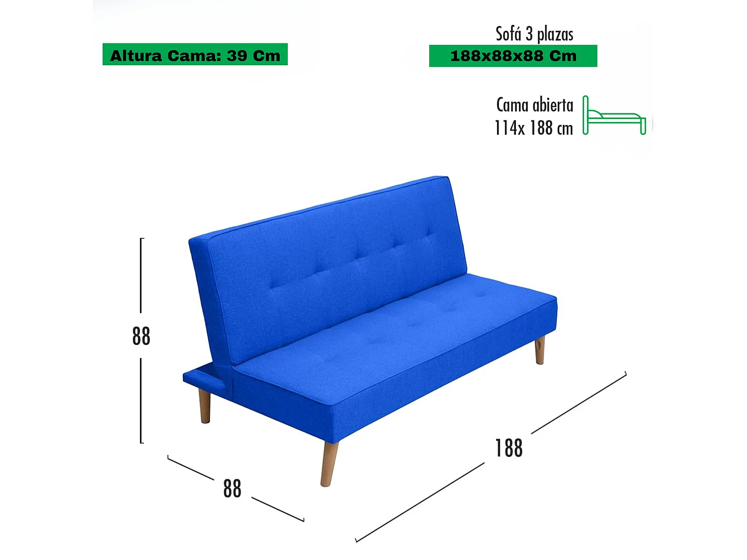 Meyvaser Sofá Cama de 2 Plazas - 188 x 88 x 88 cm - Apertura Clic-Clac - Máximo Relax, Confort y Resistencia Color gris-Azul