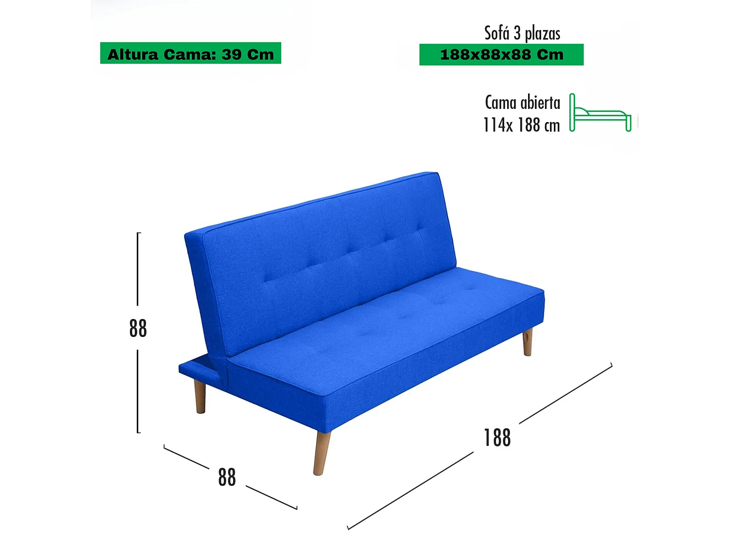 Meyvaser Sofá Cama de 2 Plazas - 188 x 88 x 88 cm - Apertura Clic-Clac - Máximo Relax, Confort y Resistencia Color gris-Azul