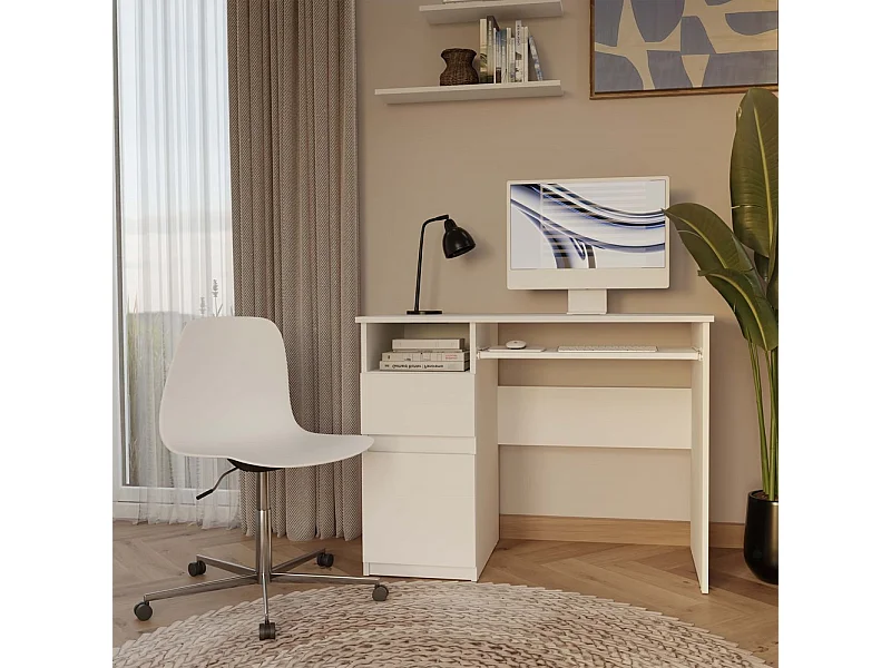 Escritorio para Ordenador Blanco 98,5x75,5x51 cm  – Almacenaje Lateral con Cajón y Puerta Lado Izquierdo – Estilo Minimalista