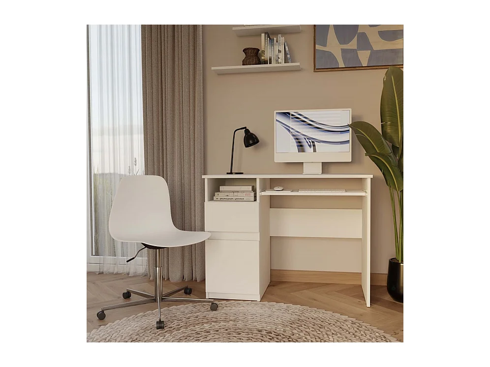 Escritorio para Ordenador Blanco 98,5x75,5x51 cm  – Almacenaje Lateral con Cajón y Puerta Lado Izquierdo – Estilo Minimalista