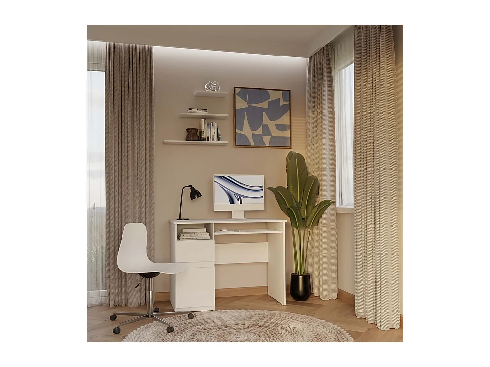 Escritorio para Ordenador Blanco 98,5x75,5x51 cm  – Almacenaje Lateral con Cajón y Puerta Lado Izquierdo – Estilo Minimalista