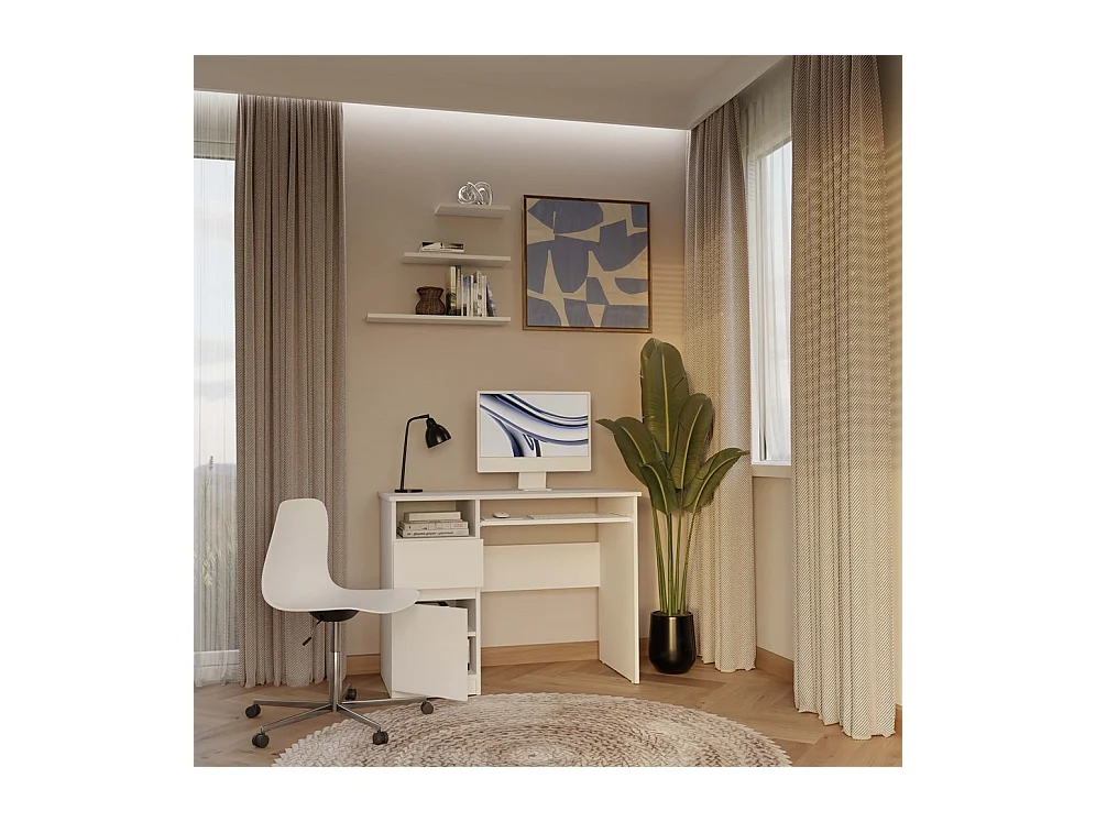 Escritorio para Ordenador Blanco 98,5x75,5x51 cm  – Almacenaje Lateral con Cajón y Puerta Lado Izquierdo – Estilo Minimalista