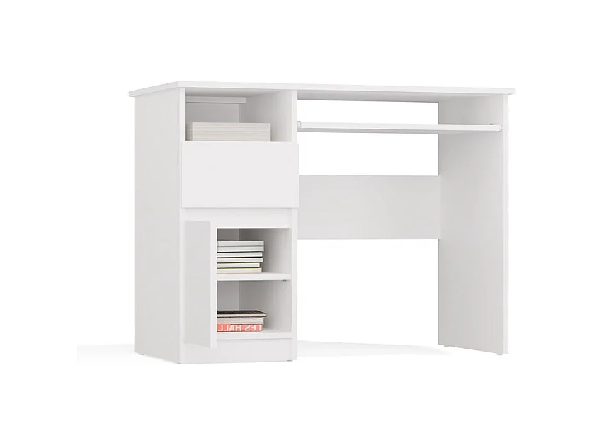 Escritorio para Ordenador Blanco 98,5x75,5x51 cm  – Almacenaje Lateral con Cajón y Puerta Lado Izquierdo – Estilo Minimalista