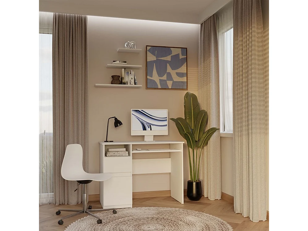 Escritorio para Ordenador Blanco 98,5x75,5x51 cm  – Almacenaje Lateral con Cajón y Puerta Lado Izquierdo – Estilo Minimalista