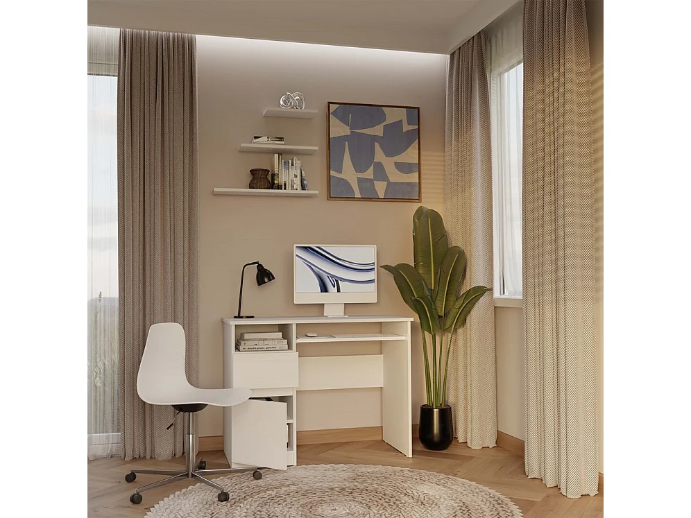 Escritorio para Ordenador Blanco 98,5x75,5x51 cm  – Almacenaje Lateral con Cajón y Puerta Lado Izquierdo – Estilo Minimalista