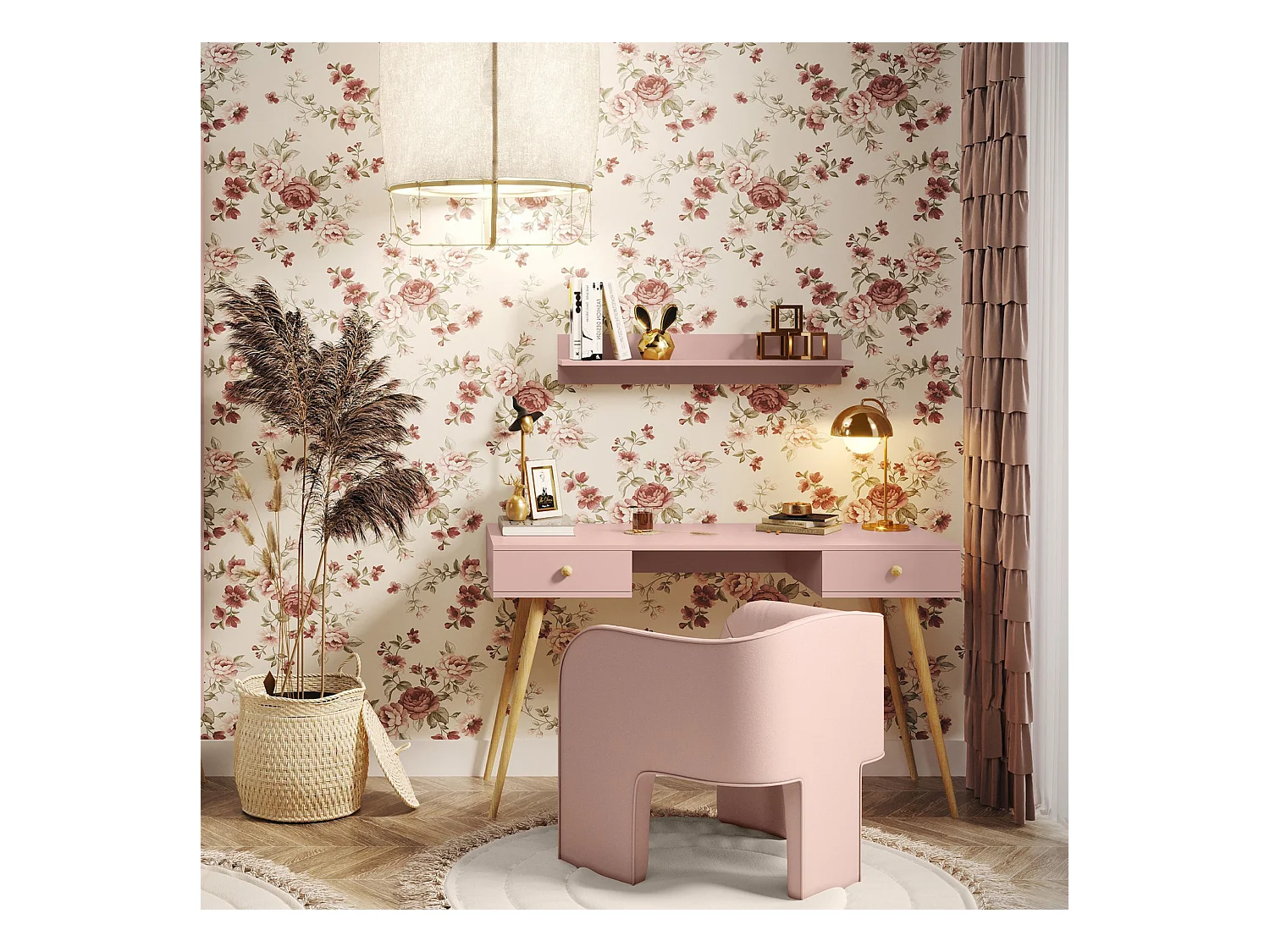 Escritorio Moderno Color Rosa con Cajones 135x79x54 cm – Estilo Escandinavo – Para Oficina, Estudio o Dormitorio