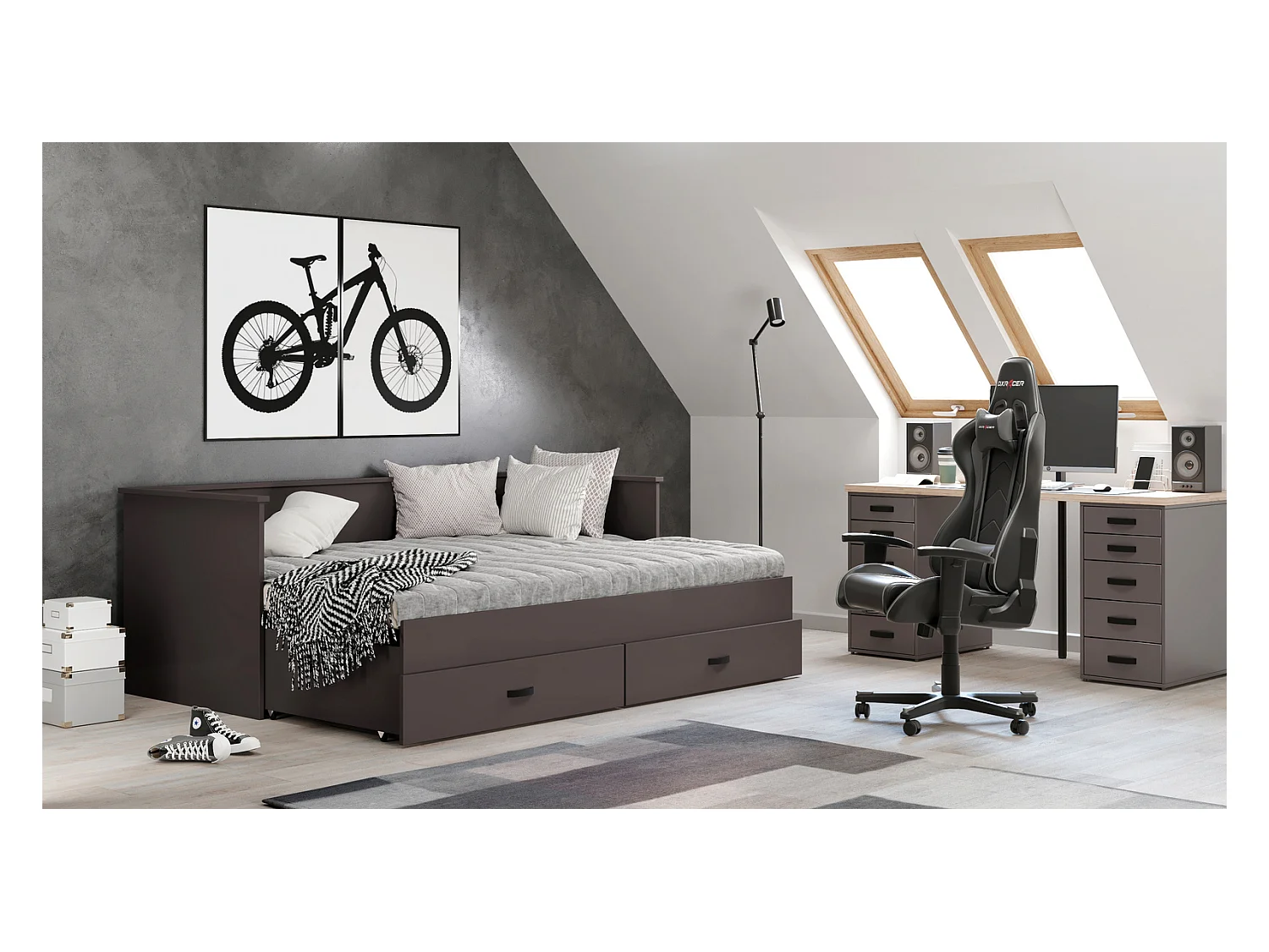 Cama Doble Color Gris 200x160 cm – Incluye Estructura, Base y 2 Colchones, Diseño Moderno y Robusto para Dormitorio Matrimonial