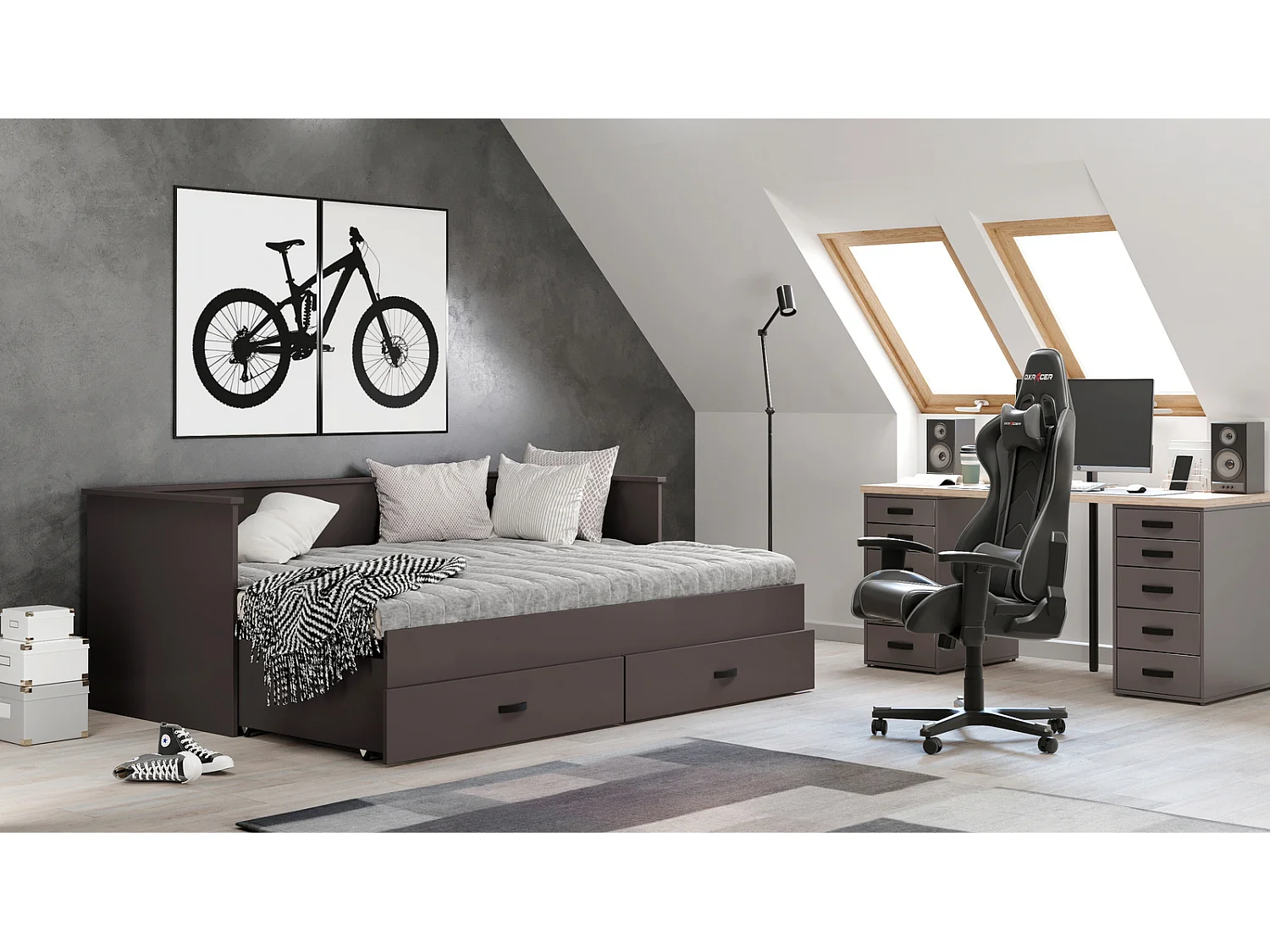 Cama Doble Color Gris 200x160 cm – Incluye Estructura, Base y 2 Colchones, Diseño Moderno y Robusto para Dormitorio Matrimonial