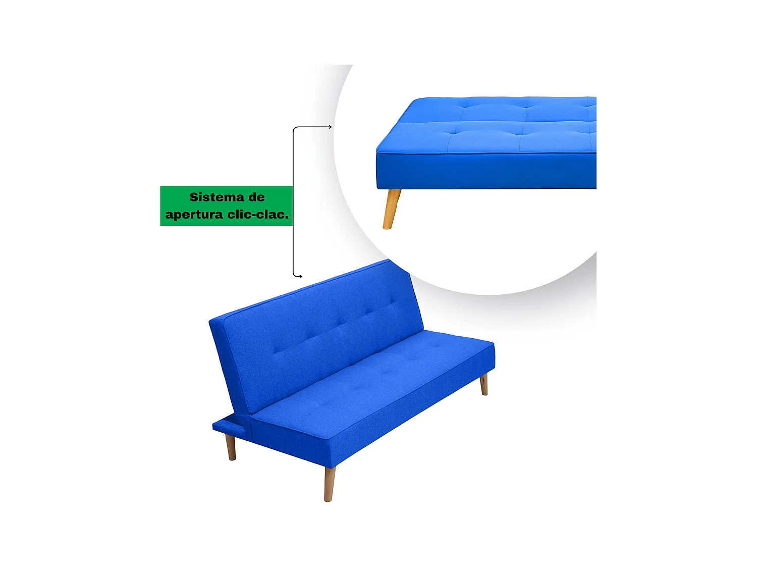 Sofá Cama Clic Clac 3 Plazas Tipo Libro, Color Azul oscuro, Diseño Moderno, 188x88x88 cm