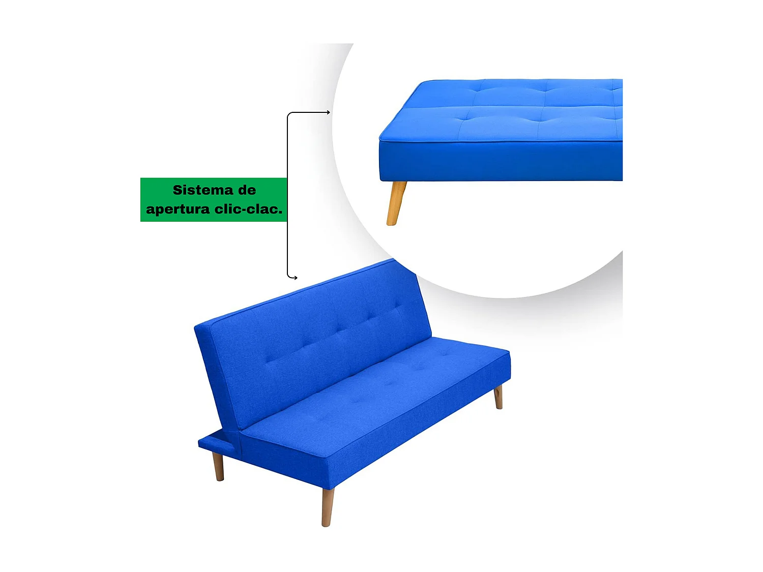 Sofá Cama Clic Clac 3 Plazas Tipo Libro, Color Azul oscuro, Diseño Moderno, 188x88x88 cm