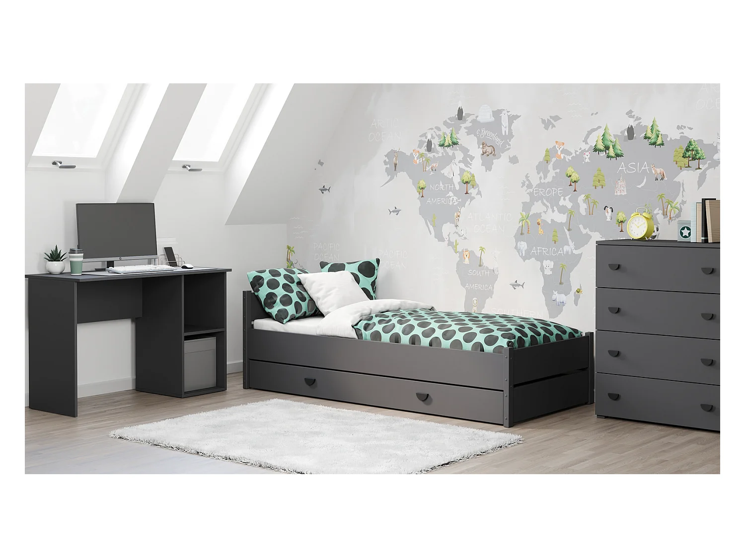 Cama Gris 200x90 cm con Cajón y Colchón – Incluye Estructura, Cajón con Ruedas, Colchón de Espuma 8 cm con Funda Extraíble y Accesorios, Dimensiones 2