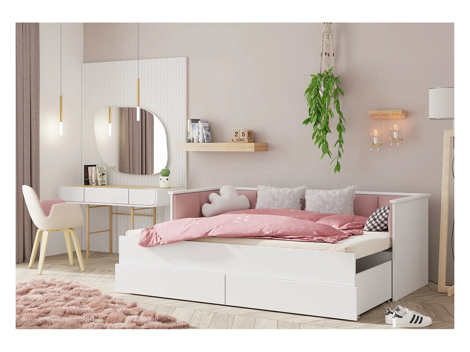 Cama Doble Blanca 200x160 cm Tapizada en Color Rosa – Incluye Estructura, Base y 2 Colchones, Diseño Moderno y Robusto para Dormitorio Matrimonial