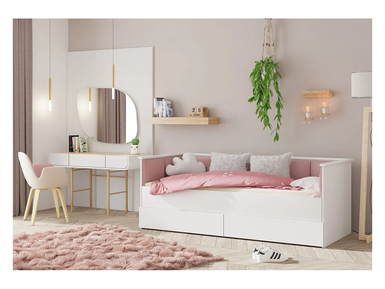 Cama Doble Blanca 200x160 cm Tapizada en Color Rosa – Incluye Estructura, Base y 2 Colchones, Diseño Moderno y Robusto para Dormitorio Matrimonial