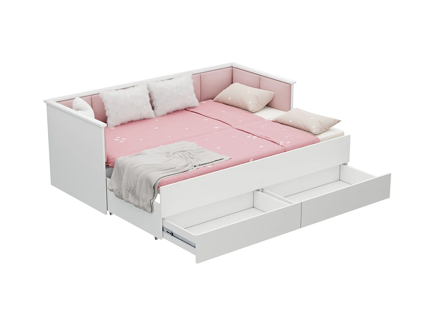 Cama Doble Blanca 200x160 cm Tapizada en Color Rosa – Incluye Estructura, Base y 2 Colchones, Diseño Moderno y Robusto para Dormitorio Matrimonial