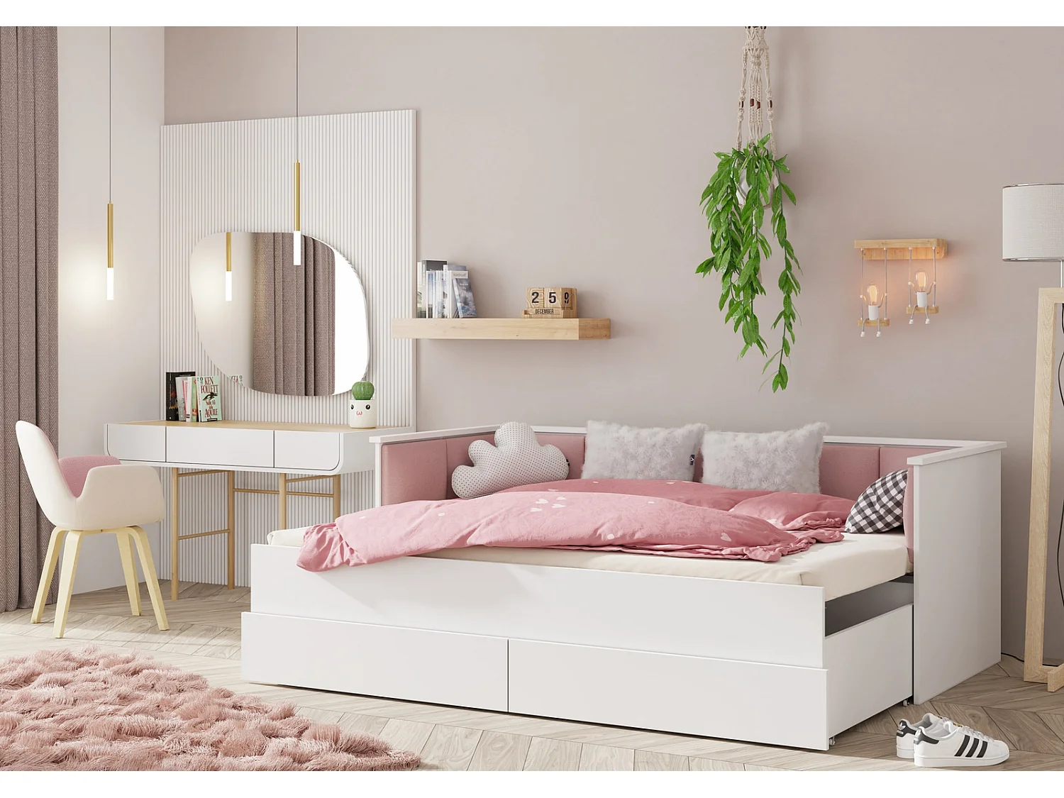 Cama Doble Blanca 200x160 cm Tapizada en Color Rosa – Incluye Estructura, Base y 2 Colchones, Diseño Moderno y Robusto para Dormitorio Matrimonial