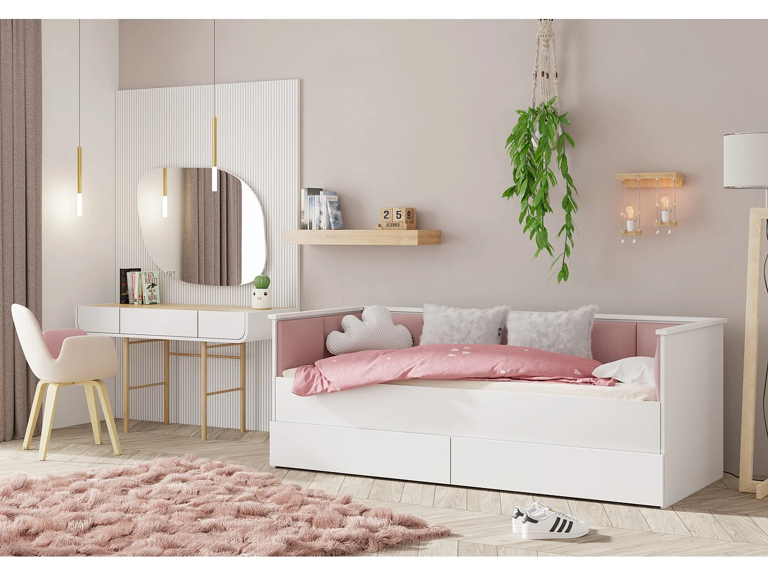 Cama Doble Blanca 200x160 cm Tapizada en Color Rosa – Incluye Estructura, Base y 2 Colchones, Diseño Moderno y Robusto para Dormitorio Matrimonial