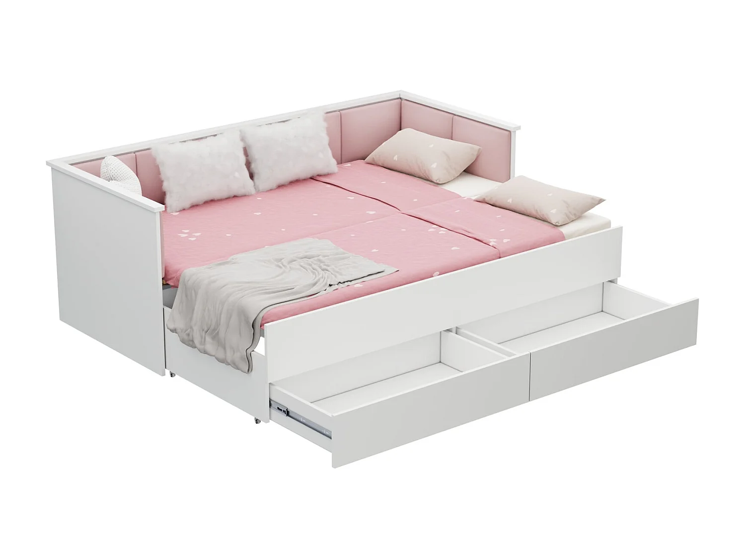 Cama Doble Blanca 200x160 cm Tapizada en Color Rosa – Incluye Estructura, Base y 2 Colchones, Diseño Moderno y Robusto para Dormitorio Matrimonial