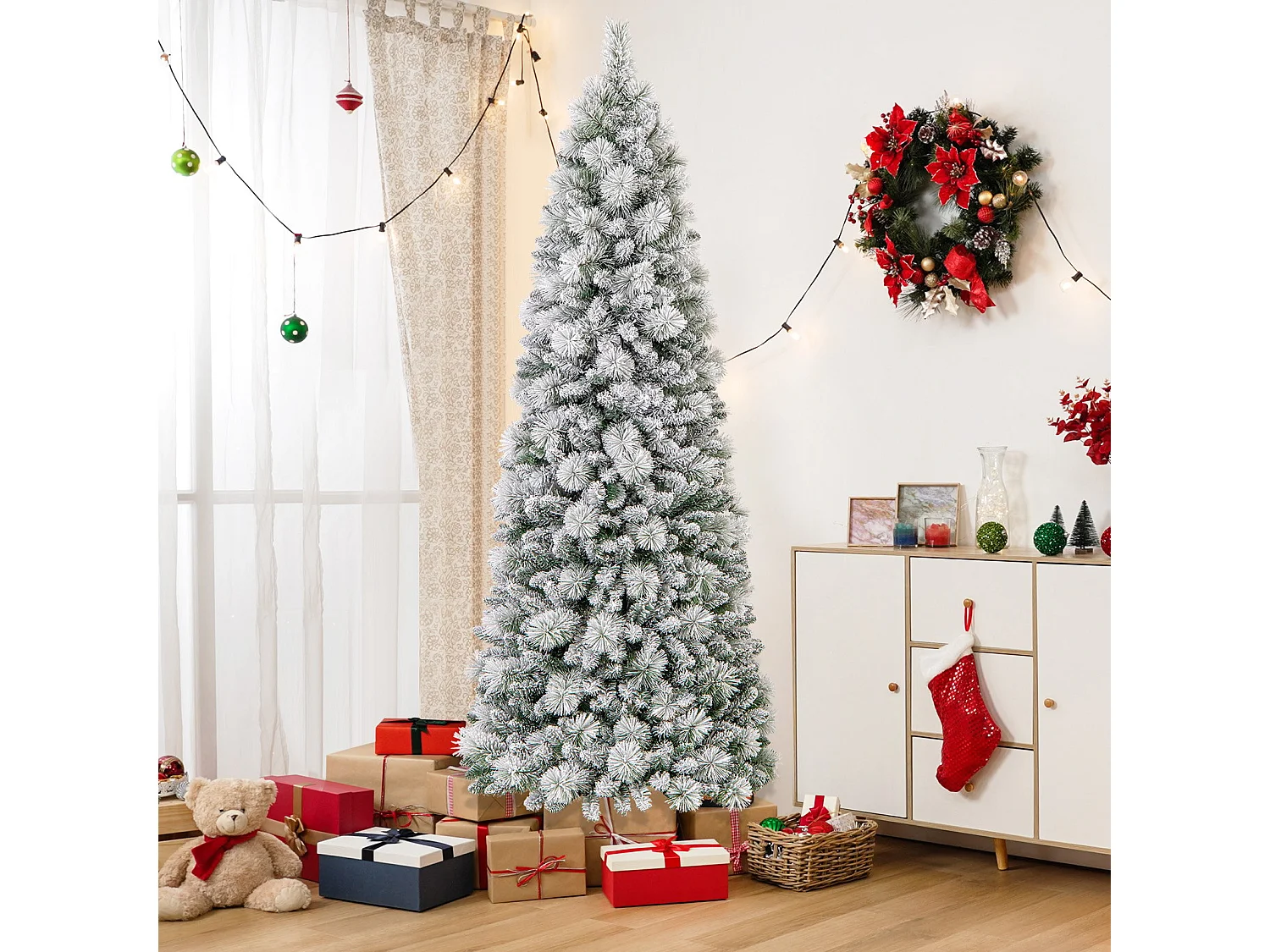 Sapin de Noël Floqué de 210 cm Arbre de Noël avec Aiguilles de Pin 680 Pointes de Branches 200 Lumières LED Blanc Chaud Section Pliable