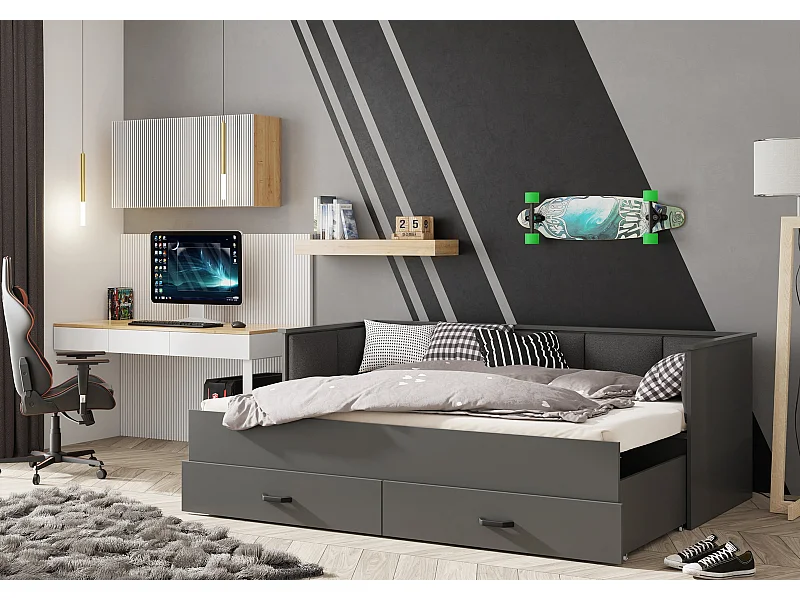 Cama Doble Gris 200x160 cm Tapizada en Color Grafito – Incluye Estructura, Base y 2 Colchones, Diseño Moderno y Robusto para Dormitorio Matrimonial