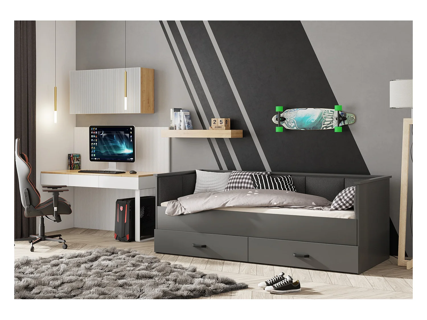 Cama Doble Gris 200x160 cm Tapizada en Color Grafito – Incluye Estructura, Base y 2 Colchones, Diseño Moderno y Robusto para Dormitorio Matrimonial
