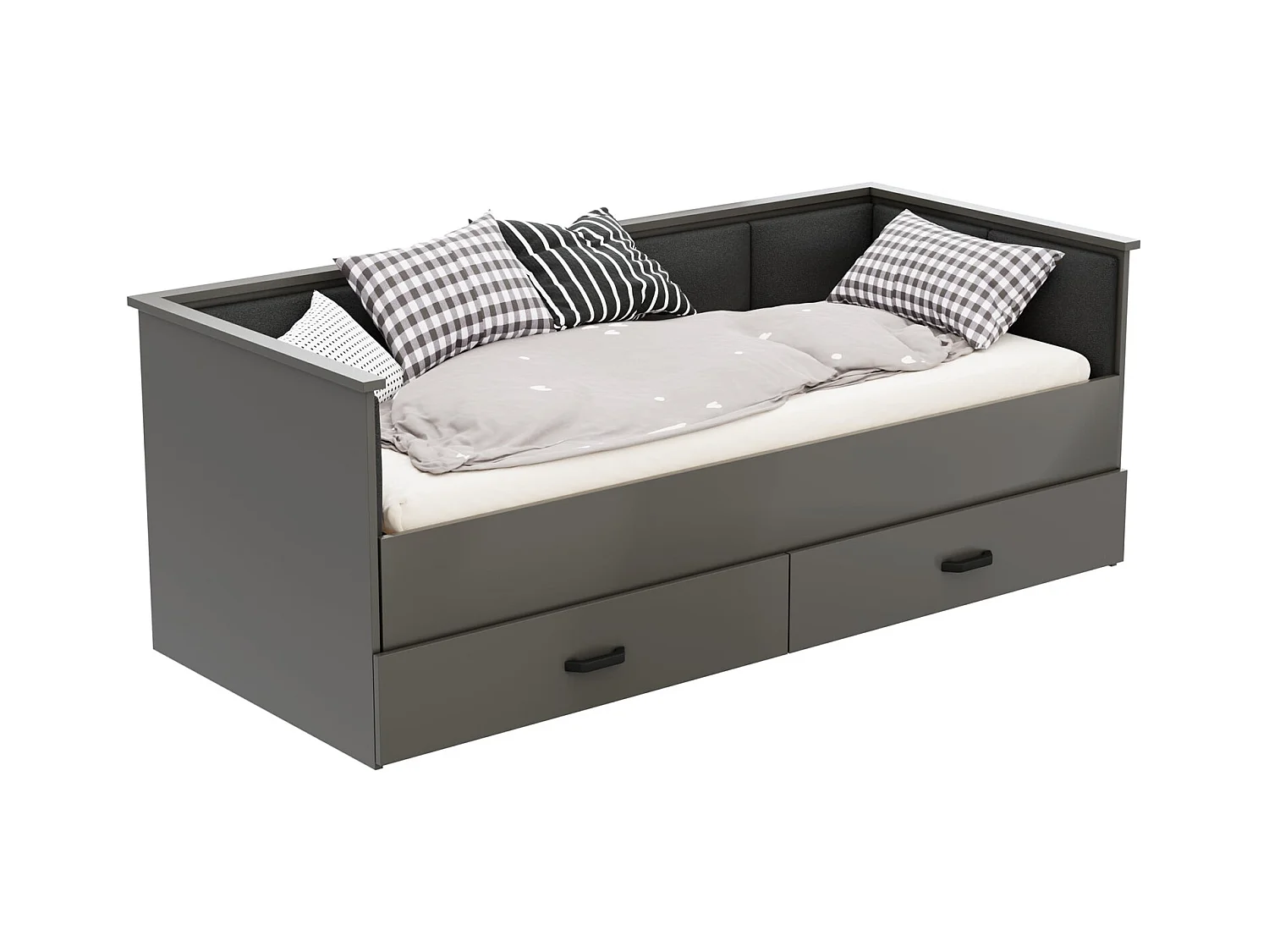 Cama Doble Gris 200x160 cm Tapizada en Color Grafito – Incluye Estructura, Base y 2 Colchones, Diseño Moderno y Robusto para Dormitorio Matrimonial