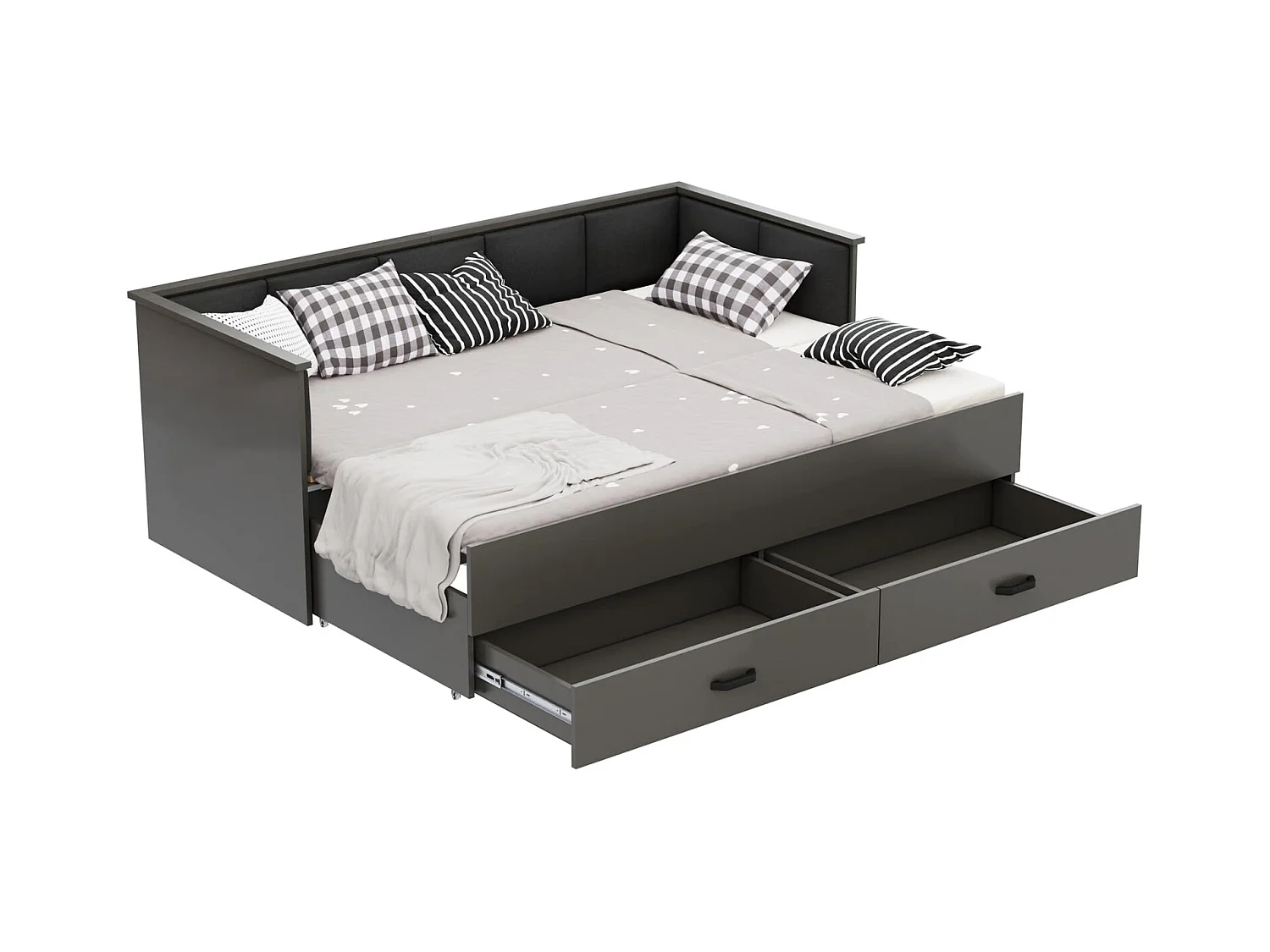 Cama Doble Gris 200x160 cm Tapizada en Color Grafito – Incluye Estructura, Base y 2 Colchones, Diseño Moderno y Robusto para Dormitorio Matrimonial